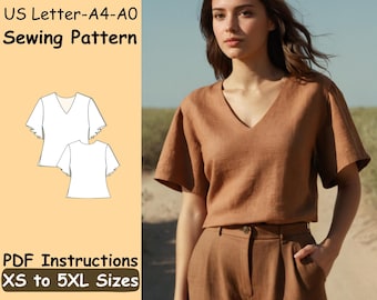 Summer V Neck Top Sewing Pattern, Loose Tank Top Pattern, Cropped Oversized Shirt Beginner Pattern, Simple Top Sewing Pattern
