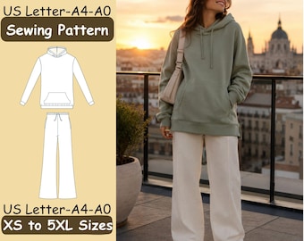 Womens Hoodie and Wide Leg Pants Sewing Pattern, Relaxed Loungewear Set PDF