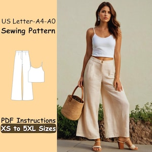 Palazzo Pants and Tank Top with Straps Pattern - Summer Loungewear Loose Set Sewing Instructions - DIY Casual Women Linen Set PDF Pattern