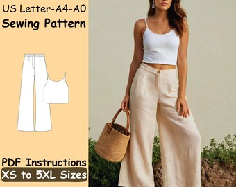 May include: A woman wearing a white crop top and beige wide-leg pants, holding a woven handbag. The image also shows a sewing pattern illustration of the pants and a matching crop top. Text on the image reads "US Letter-A4-A0 Sewing Pattern" and "PDF Instructions XS to 5XL Sizes."