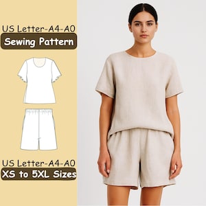 Może przedstawiać: Kobieta w beżowej lnianej bluzce z krótkim rękawem i szortach. Obraz zawiera również wzór szycia z ilustracjami bluzki i szortów, a także tekst "US Letter-A4-A0 Sewing Pattern" i "XS to 5XL Sizes."