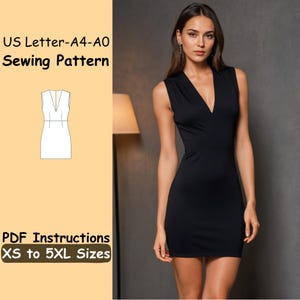 May include: A black sleeveless dress with a deep V-neck. The image also includes a sewing pattern diagram and text that reads "US Letter-A4-A0 Sewing Pattern" and "PDF Instructions XS to 5XL Sizes".