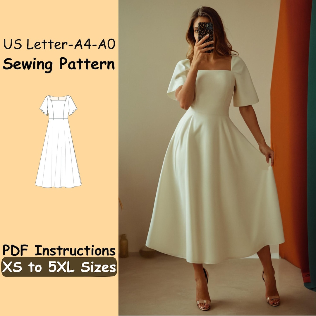 Maxi Prom Dress Sewing Pattern - Women Square Neckline Elegant Dress ...