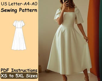 Maxi Kleid Schnittmuster - Frauen Quadratischer Ausschnitt Elegantes Kleid Digital Schnittmuster - Brautjungfer Halbkreis Kleid Schnittmuster - Hochzeitskleid