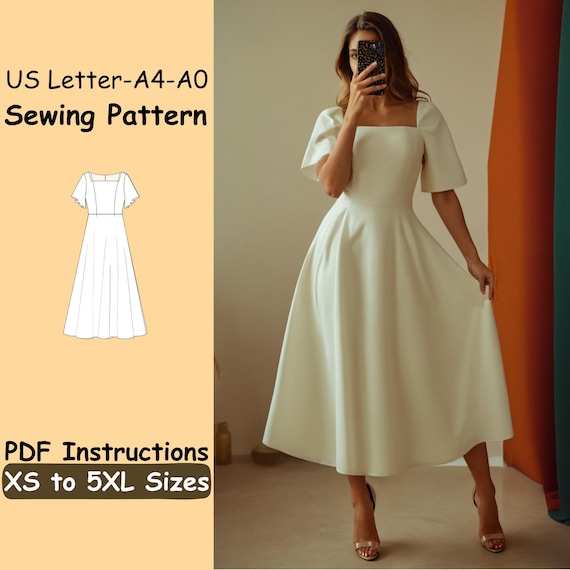 Maxi Prom Dress Sewing Pattern - Women Square Neckline Elegant Dress  Digital Pattern - Bridesmaid Half Circle Dress Pattern - Wedding Dress -  Etsy