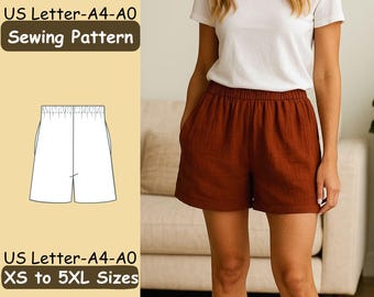 Patrón de costura para shorts de mujer, cintura elástica con bolsillos, ideal para principiantes, tallas inclusivas desde la XS hasta la 5XL, cómodo proyecto de lino para hacer tú mismo.