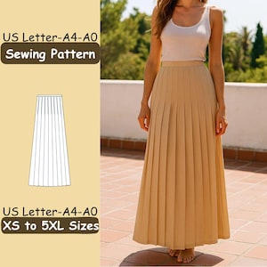 Puede incluir: Una mujer con una falda larga plisada beige y una camiseta sin mangas blanca. La imagen incluye un diagrama de patrón de costura y el texto "US Letter-A4-A0 Sewing Pattern" y "XS to 5XL Sizes".