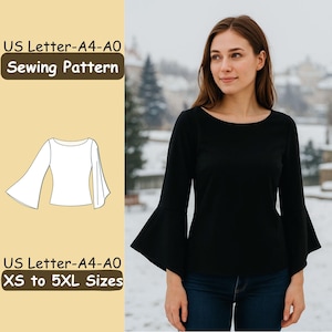 May include: A woman wearing a black long-sleeve top with flared sleeves and dark blue jeans. The image includes a sewing pattern graphic and text that reads "US Letter-A4-A0 Sewing Pattern" and "XS to 5XL Sizes".