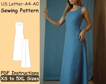 May include: A sleeveless, light blue dress with a scoop neckline. The image also features a sewing pattern illustration and text that reads "US Letter-A4-A0 Sewing Pattern" and "PDF Instructions XS to 5XL Sizes."