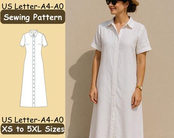 Long Button Dress Sewing Pattern, Maxi Button Front Sundress, Casual Summer Dress Pattern, Flowy Boho Outfit, Linen Vacation Dress, XS - 5XL