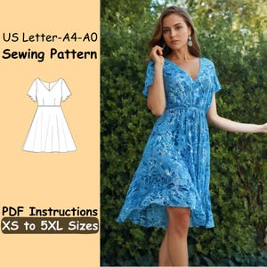 May include: A blue floral print dress with a V-neck and short sleeves. The image also shows a sewing pattern diagram and text that reads "US Letter-A4-A0 Sewing Pattern" and "PDF Instructions XS to 5XL Sizes."