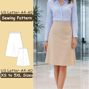 May include: A sewing pattern for a knee-length A-line skirt in sizes XS to 5XL, compatible with US Letter, A4, and A0 formats. The graphic shows a technical line drawing of the skirt alongside a photograph of a beige skirt and blue striped shirt.