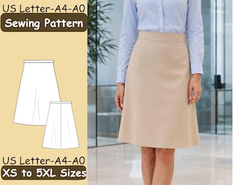 May include: A sewing pattern for a knee-length A-line skirt in sizes XS to 5XL, compatible with US Letter, A4, and A0 formats. The graphic shows a technical line drawing of the skirt alongside a photograph of a beige skirt and blue striped shirt.