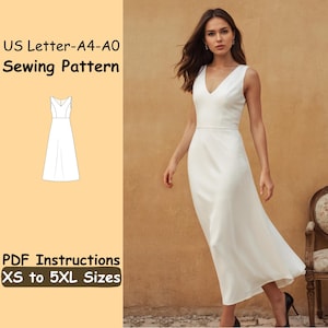 Evening Slip Dress Sewing Pattern | V Neck Midi Dress for Womens Digital Sewing Pattern | Silk Prom Dress Sewing Pattern | XS - 5XL Pattern
