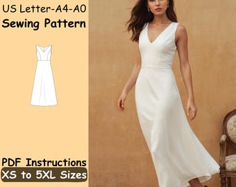Evening Slip Dress Sewing Pattern | V Neck Midi Dress for Womens Digital Sewing Pattern | Silk Prom Dress Sewing Pattern | XS - 5XL Pattern