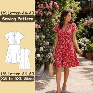 May include: A sewing pattern for a dress with US Letter, A4, and A0 formats, featuring sizes XS to 5XL. The pattern includes a line drawing of a short-sleeved, V-neck dress with a flared skirt, shown from both the front and back views.