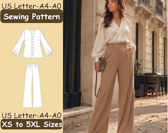 May include: A sewing pattern for a long-sleeve blouse and wide-leg trousers, labeled US Letter-A4-A0 and XS to 5XL sizes. The visual guide shows a white blouse with a V-neck and button front, paired with tan high-waisted trousers with pleats.