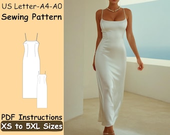 Straps Dress Sewing Pattern - Satin Prom Dress Pattern - Simple Wedding Dress PDF Pattern Instructions - XS-5XL Evening Dress Sewing Pattern