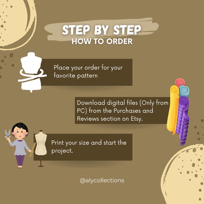 May include: An instructional graphic titled STEP BY STEP HOW TO ORDER with three steps: place order for pattern, download digital files from PC, and print size to start project. Includes icons of a dress form, fabric rolls, and @alycollections.