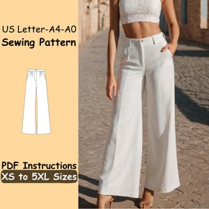Palazzo Pants Sewing Pattern | Women Button Trousers with Pockets PDF Pattern | Wide Leg Loose Pants Digital Sewing Pattern | XS - 5XL