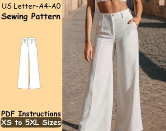 Palazzo Pants Sewing Pattern | Women Button Trousers with Pockets PDF Pattern | Wide Leg Loose Pants Digital Sewing Pattern | XS - 5XL