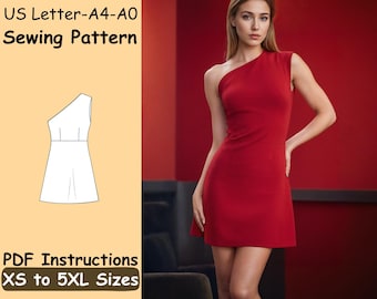 One Shoulder Dress Sewing Pattern - Asymmetrical Women Dress Pattern - Summer Evening Dress PDF Pattern - A Line Mini Dress for Girls