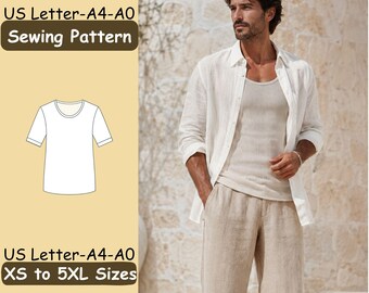 May include: A sewing pattern for a t-shirt with US Letter-A4-A0 sizing from XS to 5XL. The image displays a technical line drawing of a short-sleeved t-shirt alongside a photograph of a person wearing a white button-down shirt and beige trousers.