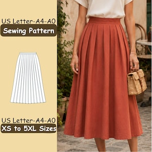 May include: A rust-colored midi skirt with a high waistband and vertical pleats. The image includes a technical line drawing of the skirt and text stating US Letter-A4-A0 Sewing Pattern and US Letter-A4-A0 XS to 5XL Sizes.