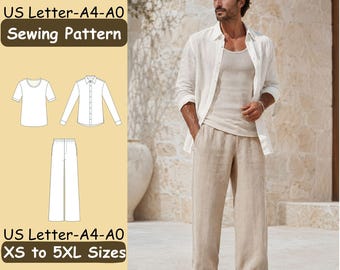 May include: A sewing pattern for a t-shirt, button-down shirt, and trousers, available in US Letter, A4, and A0 formats for sizes XS to 5XL. The visual guide displays line drawings of the garments alongside a model wearing a beige linen outfit.
