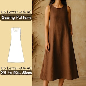 Puede incluir: Se muestra un vestido marrón sin mangas con bolsillos. El vestido es de largo midi y tiene un diseño simple y clásico. Se muestra un patrón de costura con el texto "US Letter-A4-A0 Sewing Pattern" y "XS to 5XL Sizes".