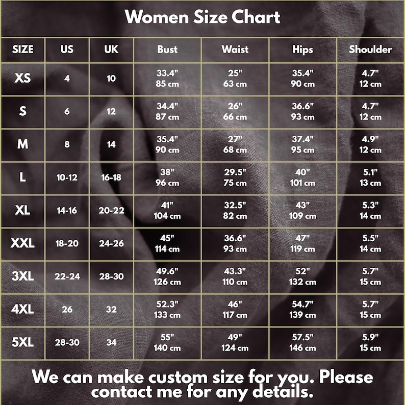 K&ouml;nnte beinhalten: Eine Gr&ouml;&szlig;entabelle f&uuml;r Damen mit Ma&szlig;en in Zoll und Zentimetern. Die Tabelle enth&auml;lt die Gr&ouml;&szlig;en XS bis 5XL mit den entsprechenden US-, UK-, Brust-, Taillen-, H&uuml;ft- und Schulterma&szlig;en. Der Text unten lautet: "Wir k&ouml;nnen eine Sondergr&ouml;&szlig;e f&uuml;r Sie anfertigen."