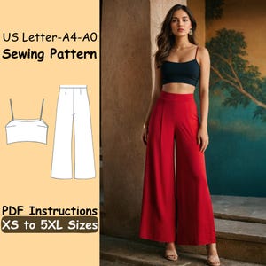 Loungewear Summer Set Sewing Pattern - Women Straps Crop Top Pattern - Wide Leg Oversized Pants PDF Pattern - Casual Palazzo Pants and Top