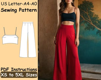 Ensemble d'été - Patron de couture - Patron de haut court à bretelles pour femmes - Patron PDF de pantalons oversize à jambes larges - Pantalon et haut palazzo décontractés