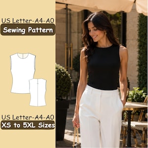 May include: A sewing pattern for a sleeveless top with a round neckline, featuring technical line drawings of the front and back views. The text reads US Letter-A4-A0 Sewing Pattern and US Letter-A4-A0 XS to 5XL Sizes on a light tan background.