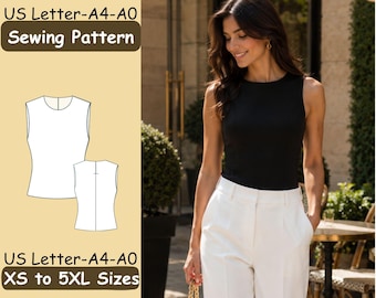 May include: A sewing pattern for a sleeveless top with a round neckline, featuring technical line drawings of the front and back views. The text reads US Letter-A4-A0 Sewing Pattern and US Letter-A4-A0 XS to 5XL Sizes on a light tan background.