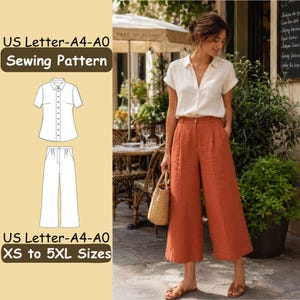 Women's Summer Outfit Sewing Pattern, Button Shirt and Wide Leg Pants Set