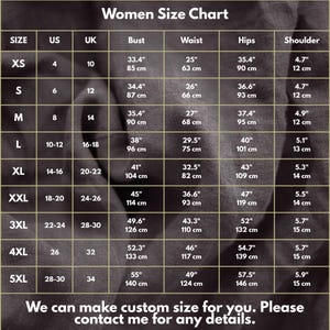 May include: A women's size chart with measurements in inches and centimeters. The chart includes sizes XS to 5XL, with corresponding US, UK, bust, waist, hips, and shoulder measurements. Text at the bottom says, "We can make custom size for you."