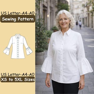 Puede incluir: Una mujer con una camisa blanca con mangas acampanadas y pantalones negros. La imagen incluye una ilustración de patrón de costura y el texto "US Letter-A4-A0 Sewing Pattern" y "XS to 5XL Sizes".