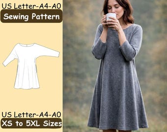 Women Flowy Dress Sewing Pattern, Casual Long Sleeve Dress, Beginner Friendly PDF