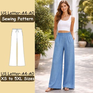 May include: A woman in a white crop top and light blue palazzo trousers. The image includes a sewing pattern for wide-leg trousers, with text reading "US Letter-A4-A0 Sewing Pattern" and "XS to 5XL Sizes".
