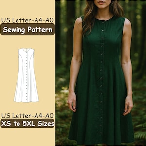 Pode incluir: Um vestido verde escuro sem mangas com botões na frente. O vestido tem um corpete justo e uma saia rodada. A imagem também inclui um diagrama de padrão de costura e o texto "US Letter-A4-A0 Sewing Pattern" e "XS to 5XL Sizes."