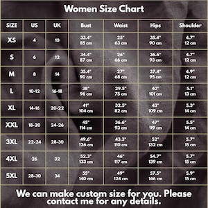 May include: A women's size chart with measurements in inches and centimeters. The chart includes sizes XS to 5XL, with corresponding US and UK sizes, bust, waist, hips, and shoulder measurements. The text at the bottom says, "We can make custom size for you."