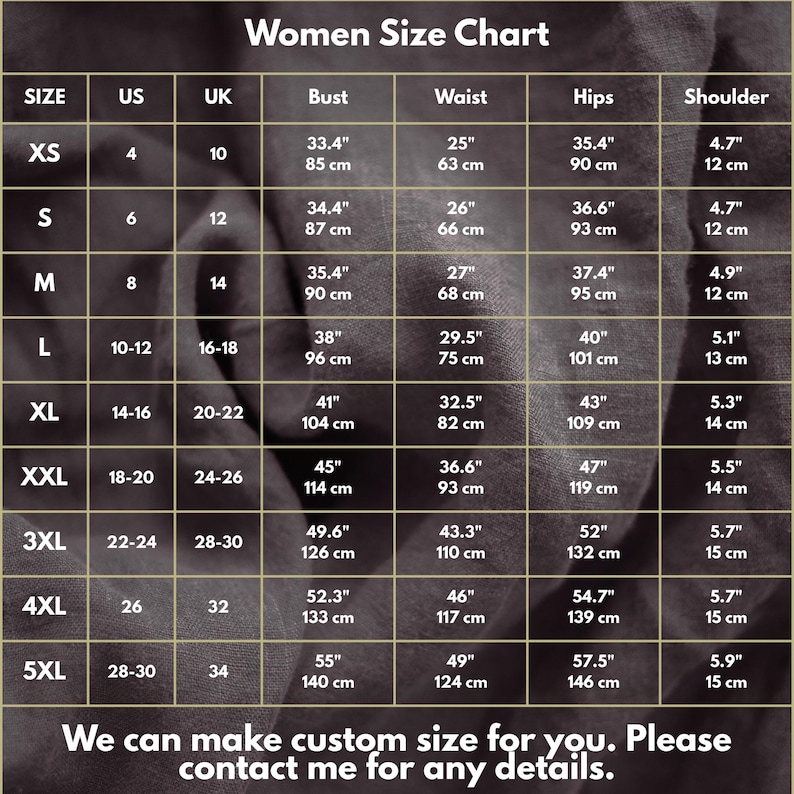 May include: A women's size chart with measurements in inches and centimeters. The chart includes sizes XS to 5XL, with corresponding US and UK sizes, bust, waist, hips, and shoulder measurements. The text at the bottom says, "We can make custom size for you."