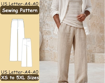 May include: A digital sewing pattern for trousers, featuring US Letter, A4, and A0 formats, with sizes ranging from XS to 5XL. The image displays a technical line drawing of wide-leg pants alongside a photograph of beige linen trousers.