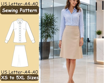 May include: A sewing pattern for a long-sleeve button-down shirt and a knee-length skirt, available in US Letter, A4, and A0 formats for sizes XS to 5XL. The graphic includes a technical line drawing of the shirt and skirt on a tan background.
