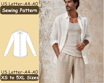 May include: A sewing pattern for a long-sleeved button-down shirt with a collar, available in US Letter, A4, and A0 formats for sizes XS to 5XL. The graphic shows a technical line drawing of the shirt alongside a photograph of the finished garment.