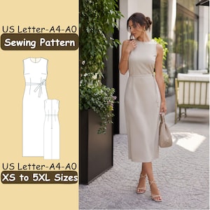 May include: A beige sleeveless midi dress with a round neckline and a thin waist tie. The image includes a technical line drawing of the dress with the text US Letter-A4-A0 Sewing Pattern and US Letter-A4-A0 XS to 5XL Sizes displayed on the side.