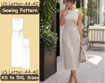 May include: A beige sleeveless midi dress with a round neckline and a thin waist tie. The image includes a technical line drawing of the dress with the text US Letter-A4-A0 Sewing Pattern and US Letter-A4-A0 XS to 5XL Sizes displayed on the side.
