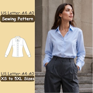 Peut inclure: Une chemise à manches longues bleu clair avec col et poignets boutonnés. L'image présente un dessin technique du vêtement et le texte US Letter-A4-A0 Sewing Pattern et US Letter-A4-A0 XS to 5XL Sizes sur un fond de couleur beige.