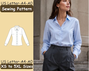 Button Up Shirt Sewing Pattern, Womens Office Blouse PDF, Collared Top